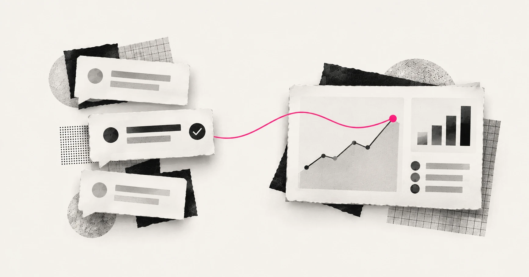 How to measure AEO: AI answers, one of them cited, connected to a growing analytics chart